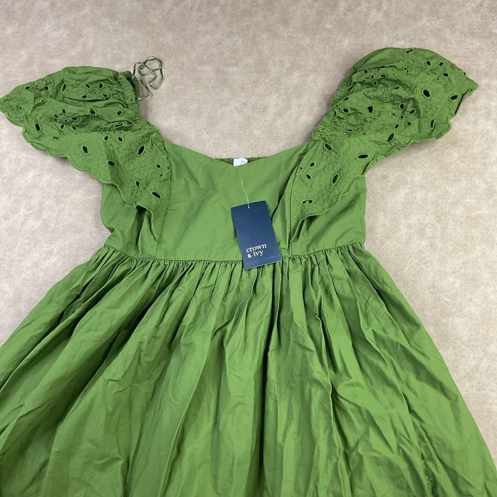 Crown And Ivy Dress Women Sz S Maxi Green Eyelet Details Smoked Cocktail Casual - Picture 4 of 8